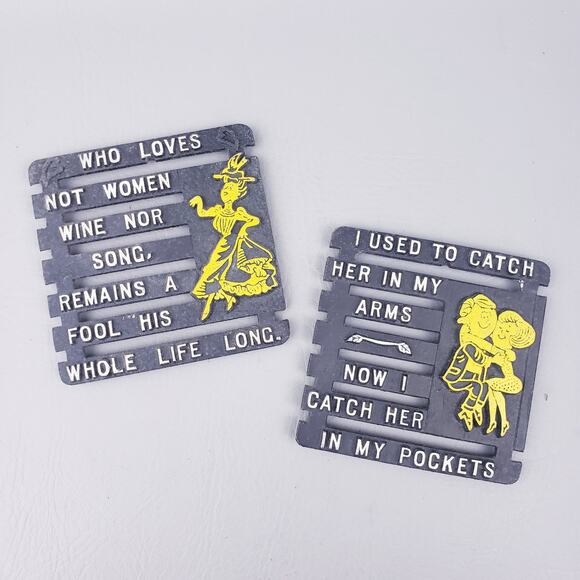 LOT of 2 Vintage 1960s Collectible Cast Iron Kitchen Trivets with Funny Sayings - Picture 1 of 7